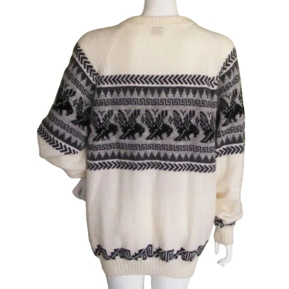 ALPACA Sweater, M/L, Off White with Grey & black Griffins, and geometric trim - Picture 6 of 11